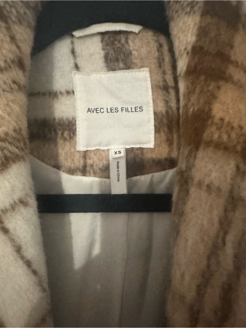 Avec Les Filles Cream and Brown Plaid Pea Coat
